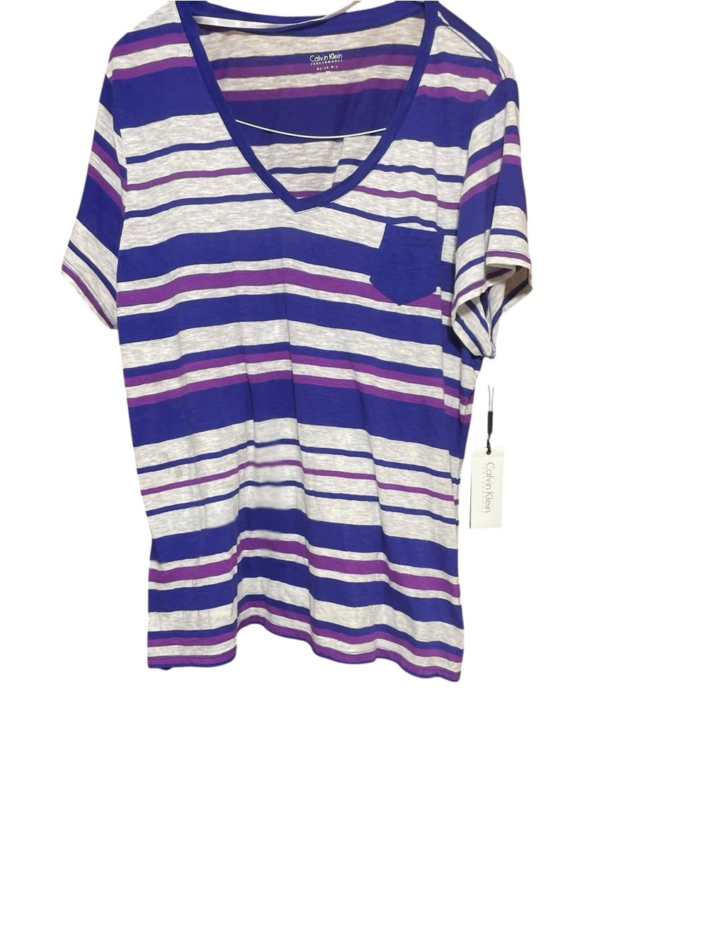 Calvin Klein Blue, Purple & White Striped V-Neck Pocket Tee